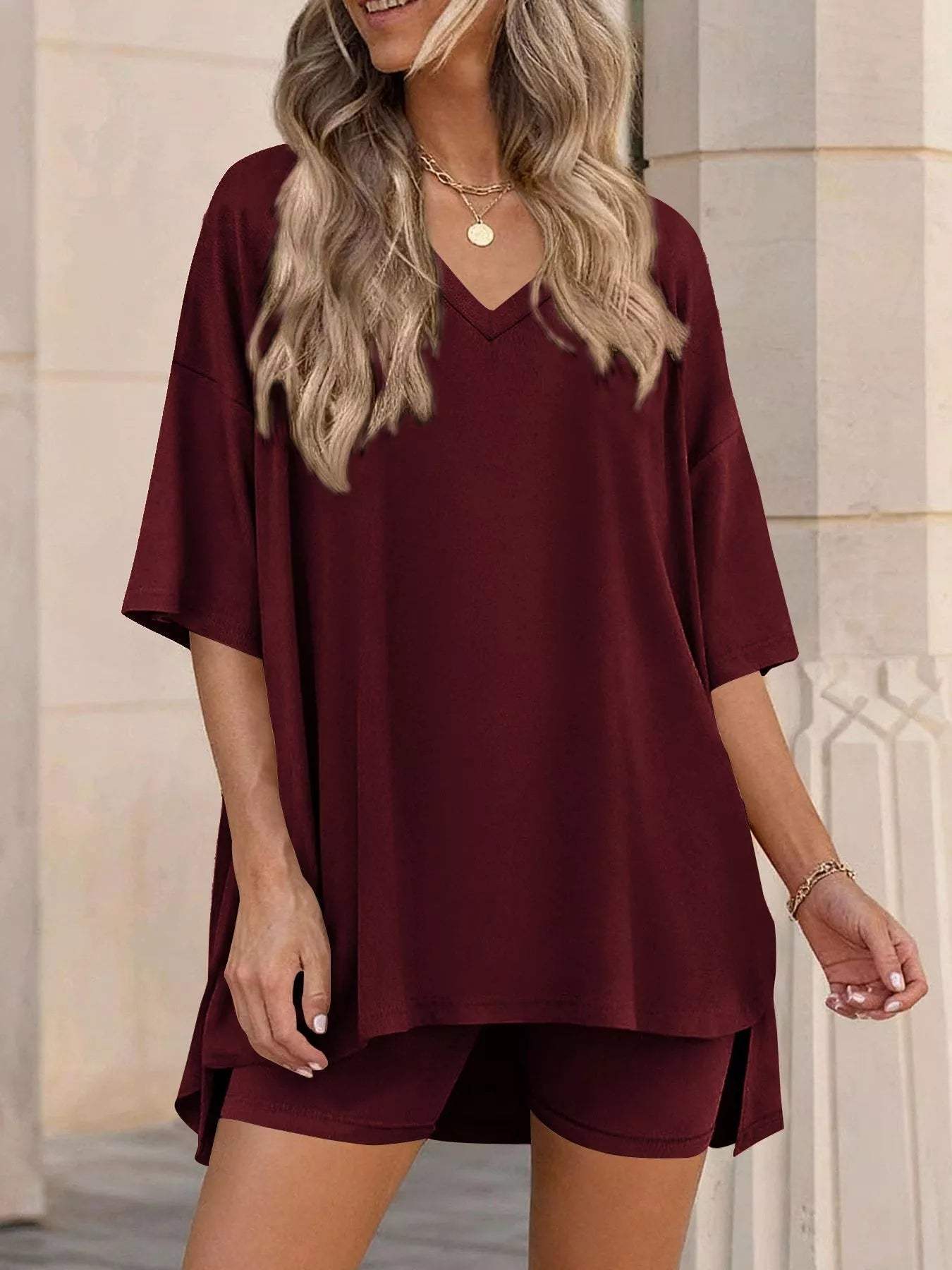 Full Size Casual Loose V-Neck T-Shirt & Shorts Set Plus Size - Trendsi - Flyclothing LLC