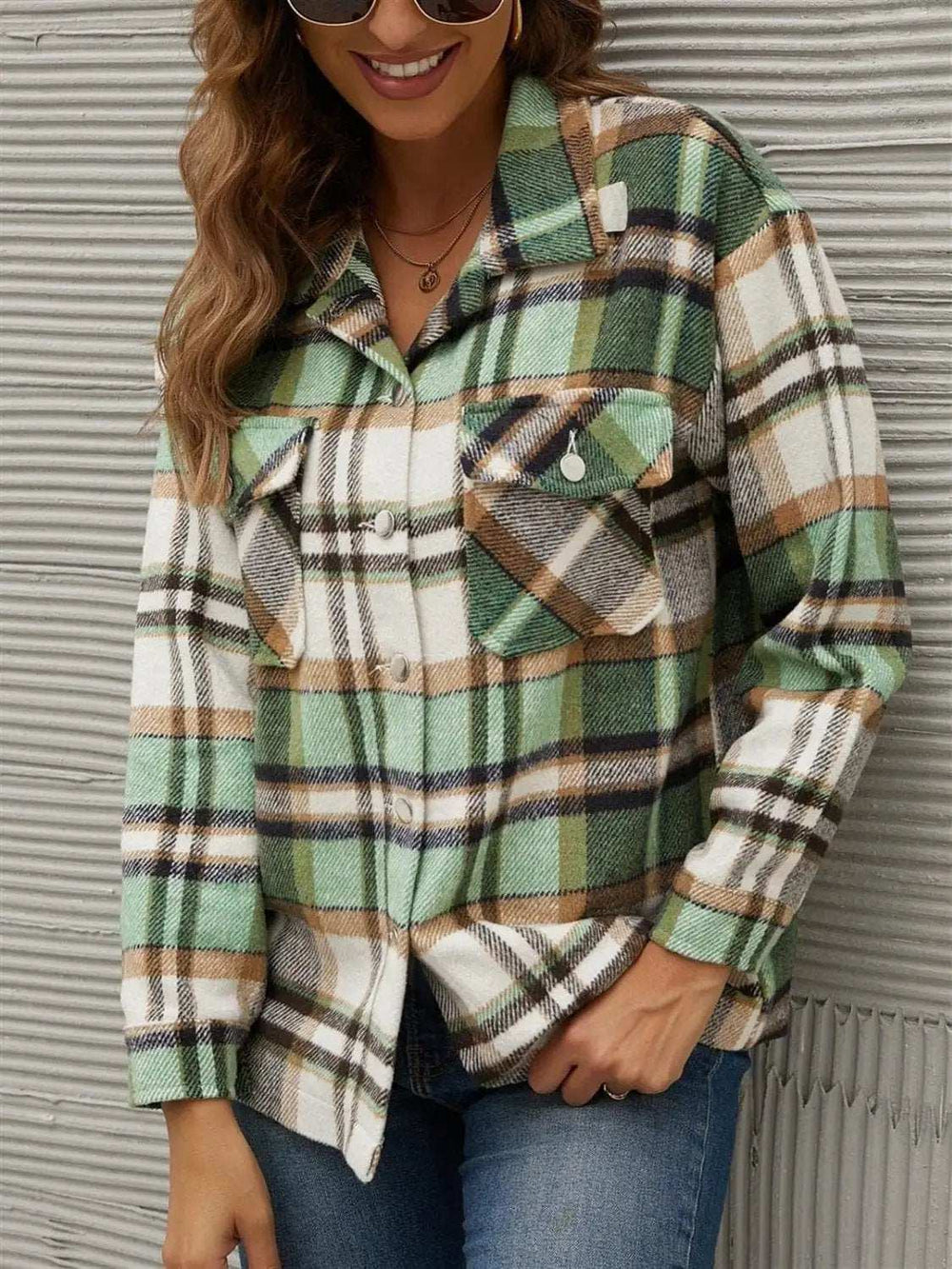 Plaid Collared Neck Long Sleeve Jacket - Trendsi - Flyclothing LLC