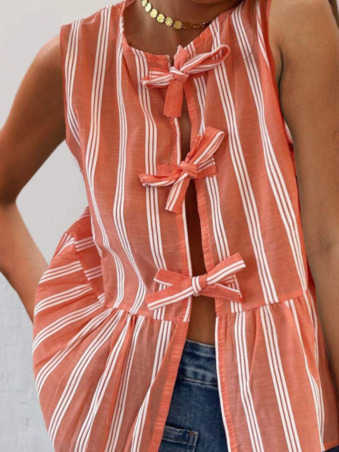 Tied Striped Round Neck Tank - Trendsi - Flyclothing LLC