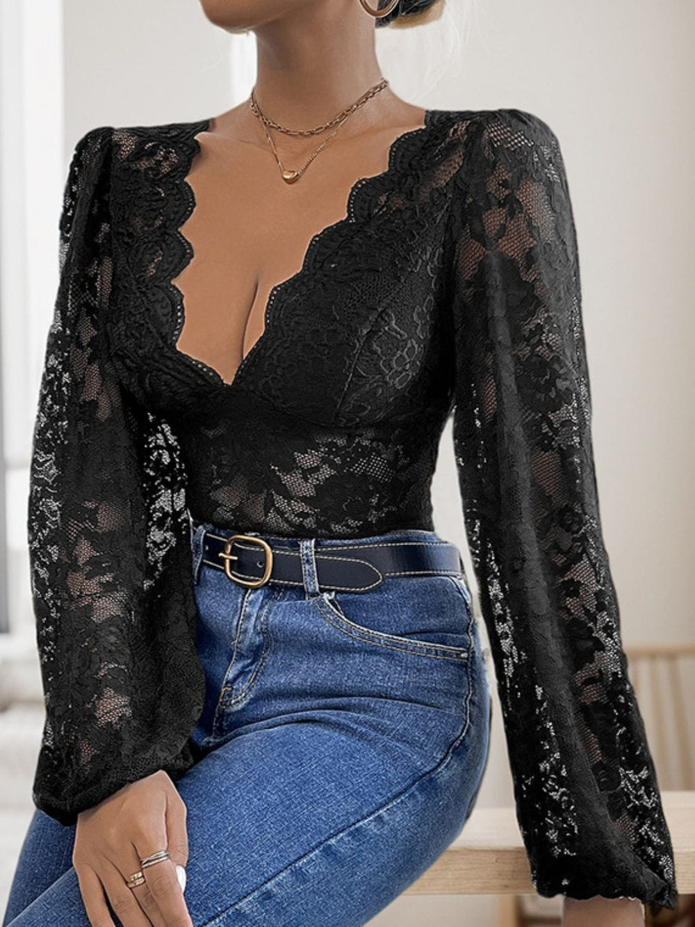 Perfee Lace Plunge Long Sleeve Bodysuit - Trendsi