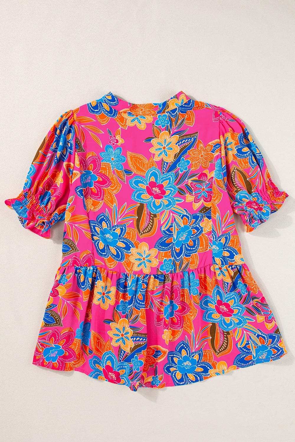 Peplum Printed Notched Short Sleeve Blouse - Trendsi - Flyclothing LLC
