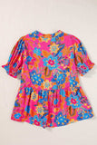 Peplum Printed Notched Short Sleeve Blouse - Trendsi - Flyclothing LLC