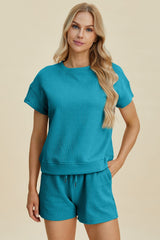 Double Take Full Size Texture Short Sleeve Top and Shorts Set - Trendsi