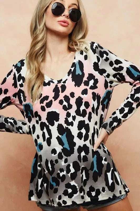 BiBi Gradation Leopard Print Soft Knit Deep U Neck Top - Trendsi - Flyclothing LLC