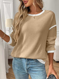 Ribbed Contrast Trim Long Sleeve Top - Trendsi - Flyclothing LLC