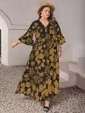 Plus Size Lace Detail Tropical Print Three-Quarter Sleeve Maxi Dress - Trendsi