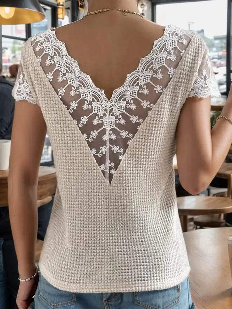 Lace Detail V-Neck Short Sleeve Blouse - Trendsi - Flyclothing LLC