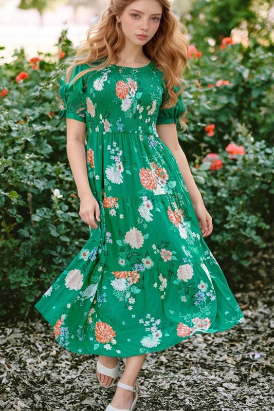 Floral Print Bubble Sleeve Smocked Tiered Midi Dress - Trendsi - Flyclothing LLC