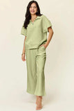 Double Take Full Size Texture Half Zip Short Sleeve Top and Pants Set - Trendsi - Flyclothing LLC