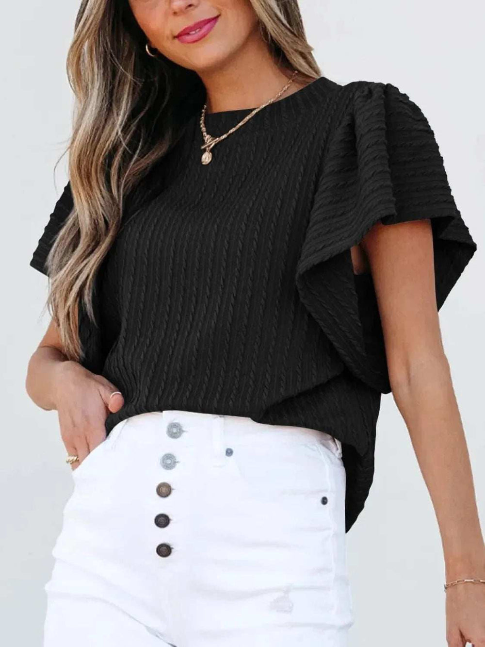 Round Neck Ruffle Sleeve Top - Trendsi - Flyclothing LLC
