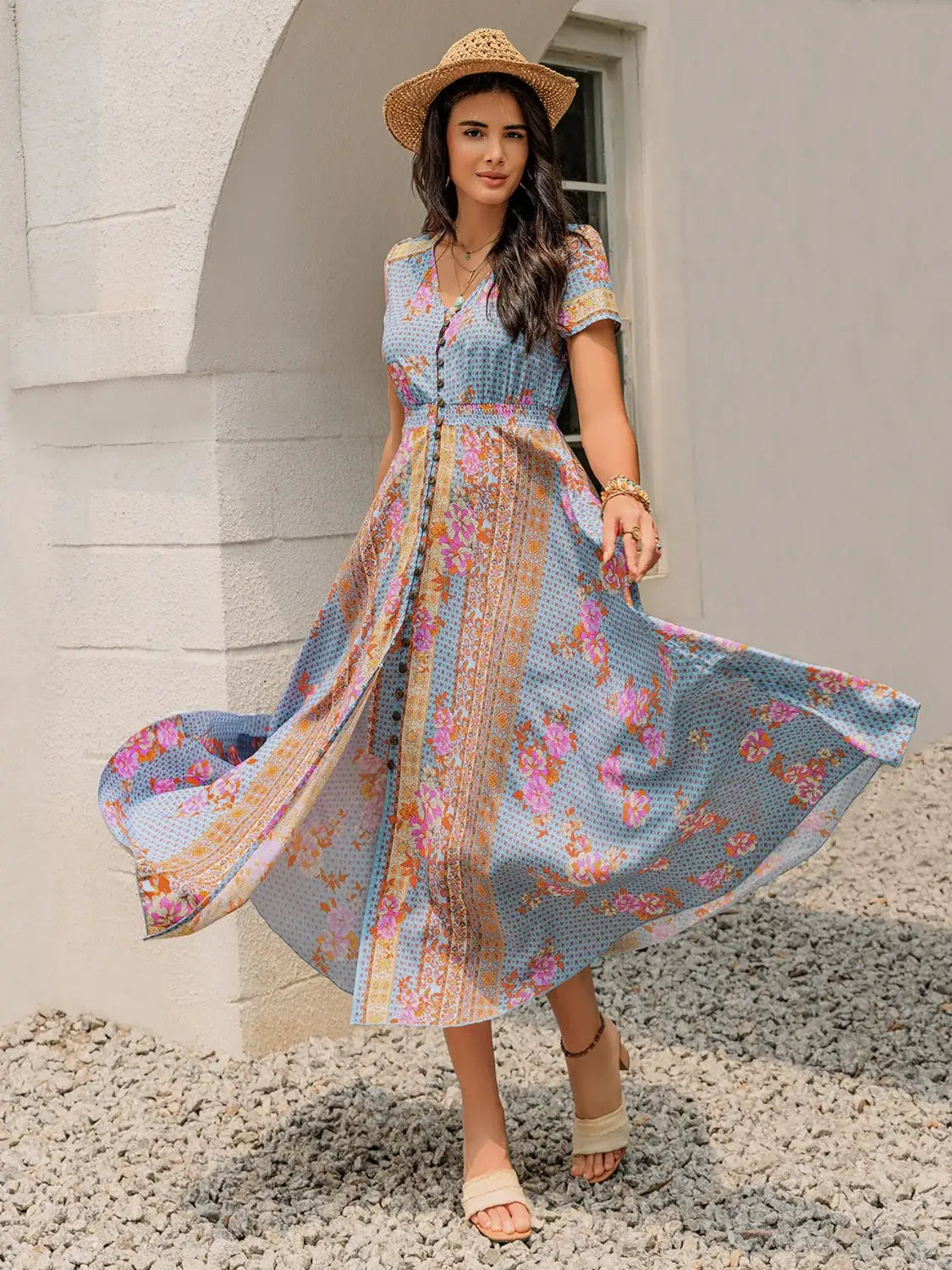 Smocked Floral V-Neck Short Sleeve Midi Dress - Trendsi - Flyclothing LLC