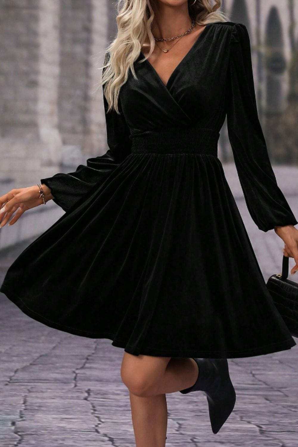 Surplice Long Sleeve Velvet Dress - Trendsi - Flyclothing LLC