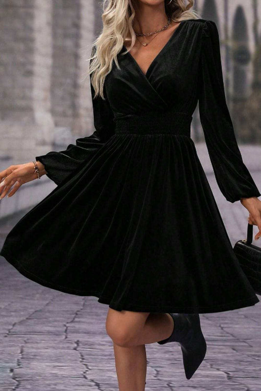 Surplice Long Sleeve Velvet Dress - Trendsi - Flyclothing LLC