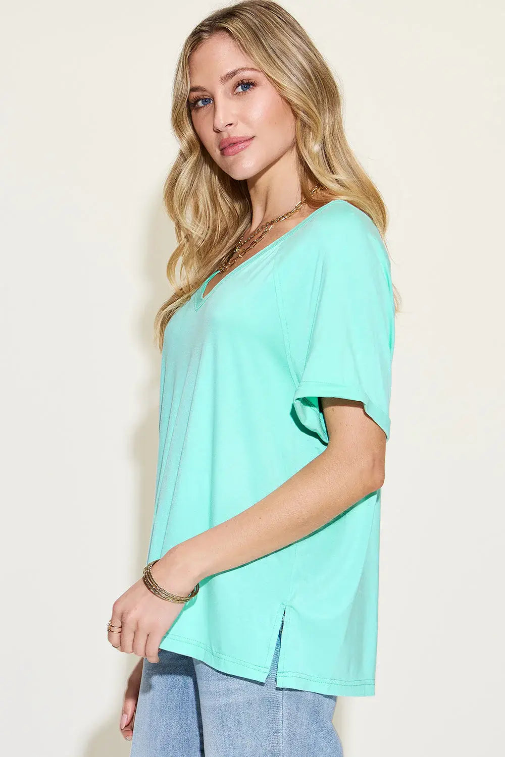 Basic Bae Full Size Bamboo Slit V-Neck Short Sleeve T-Shirt - ShopBasicbae - Flyclothing LLC