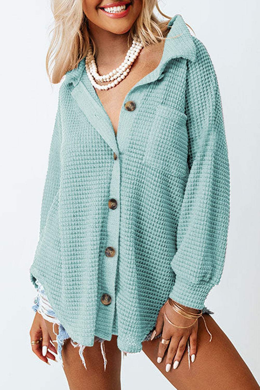 Waffle-Knit Collared Neck Long Sleeve Shirt - Trendsi - Flyclothing LLC