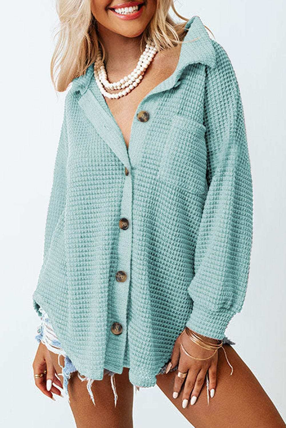 Waffle-Knit Collared Neck Long Sleeve Shirt - Trendsi - Flyclothing LLC