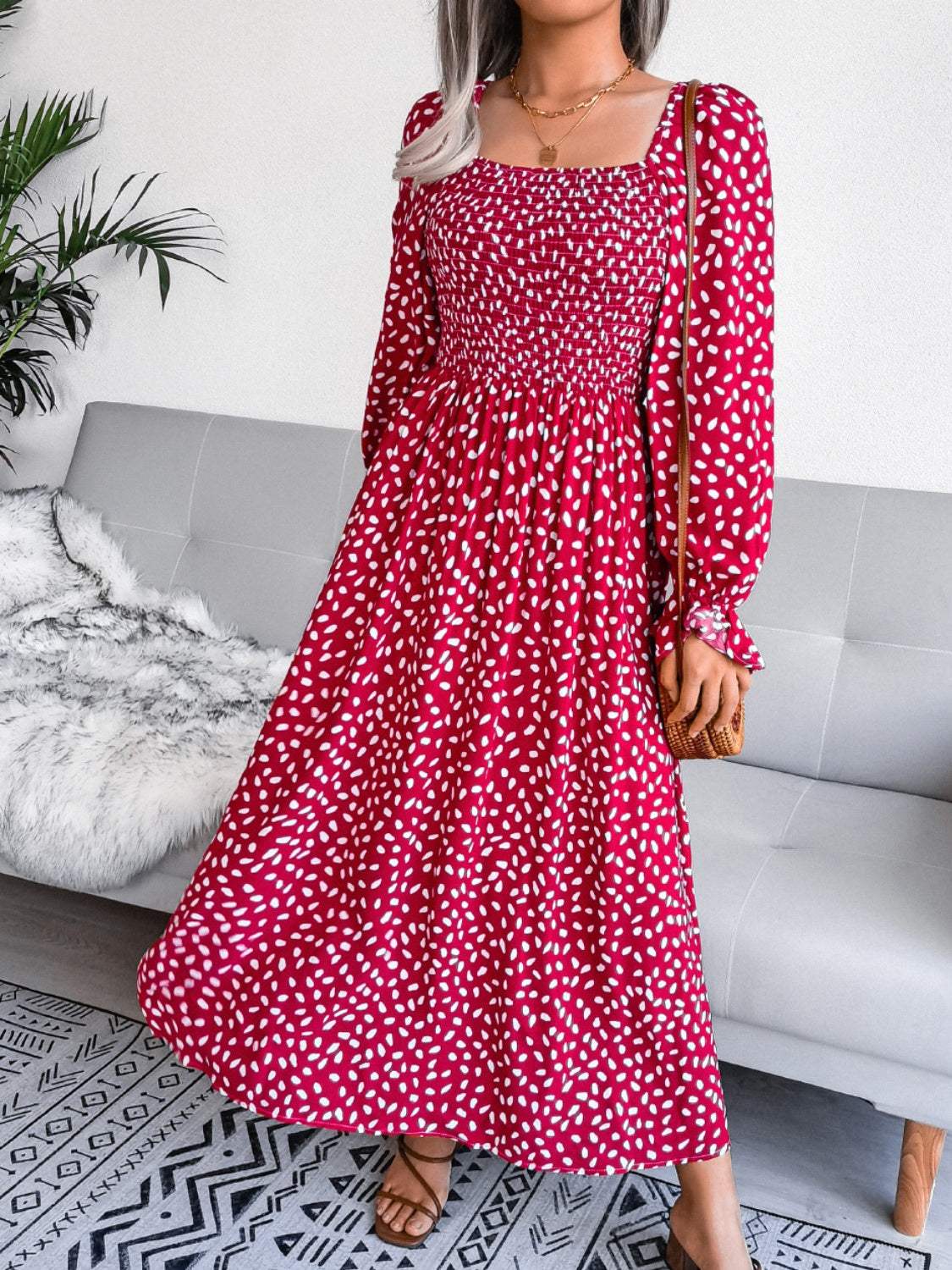 Smocked Square Neck Flounce Sleeve Dress - Trendsi - Flyclothing LLC