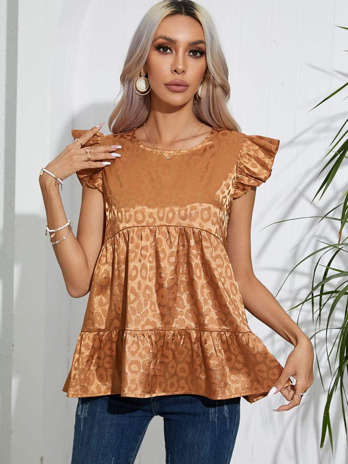 Full Size Ruffled Leopard Cap Sleeve Top - Trendsi - Flyclothing LLC