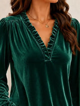 V-Neck Ruffle Trim Velvet Blouse - Trendsi - Flyclothing LLC