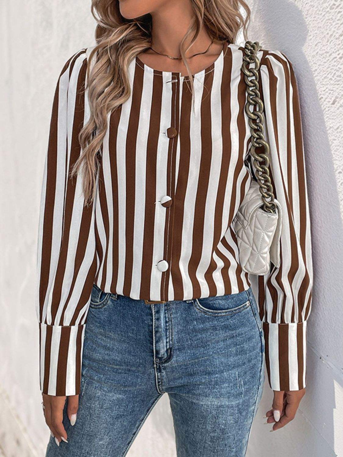Perfee Striped Round Neck Long Sleeve Blouse - Trendsi - Flyclothing LLC