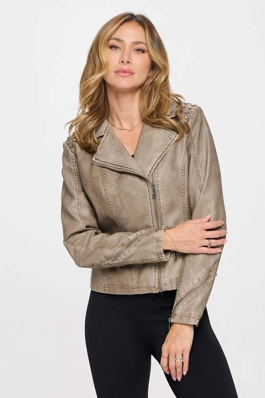 Coalition LA Studded Classic Moto Faux Leather Jacket - Trendsi - Flyclothing LLC