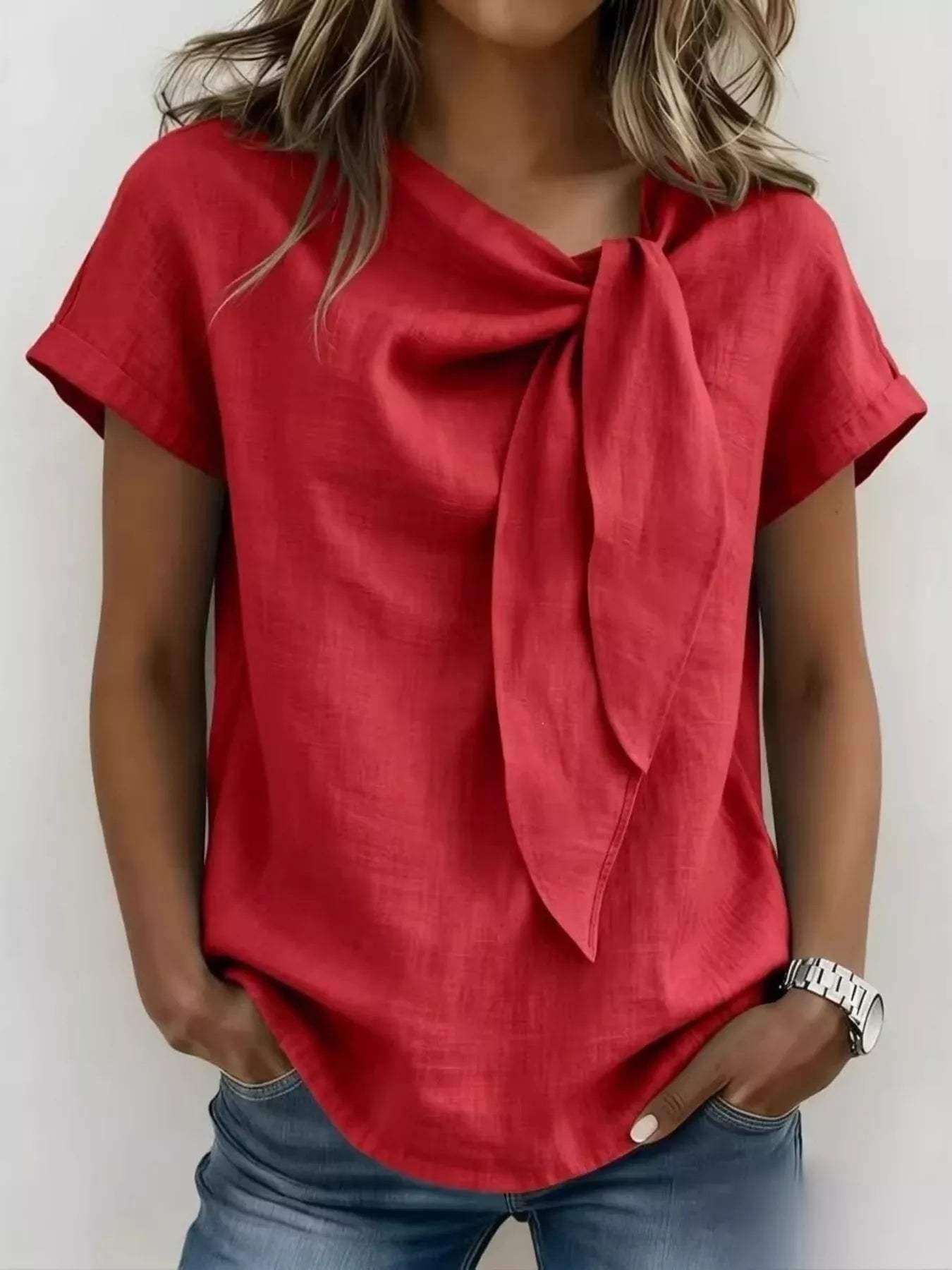 Full Size Bow Tie Neck Short Sleeve Blouse Plus Size - Trendsi - Flyclothing LLC