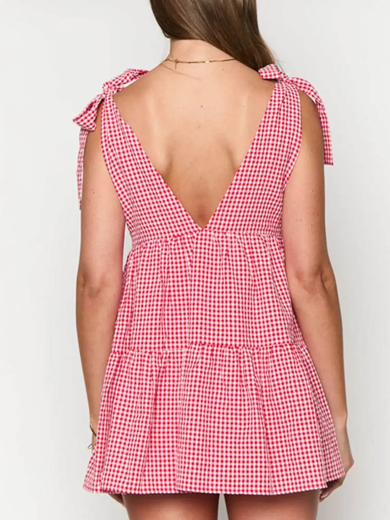Gingham Tie-Shoulder Mini Dress - Trendsi - Flyclothing LLC