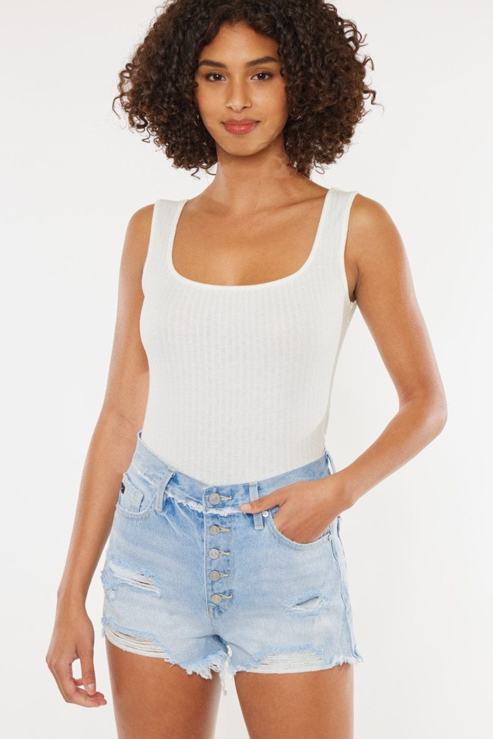 Kancan Distressed Button Fly Denim Shorts - Trendsi