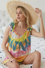 BiBi Circular Tie Dye Knit V Neck Top With Ruffle - Trendsi - Flyclothing LLC
