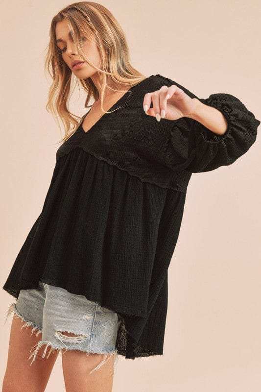 Aemi + Co High-Low Frayed Hem V-Neck Blouse - Trendsi - Flyclothing LLC