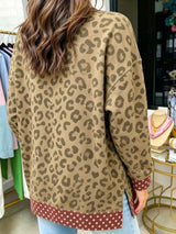 Side Slit Leopard Sweatshirt with Polka Dot Trim - Trendsi - Flyclothing LLC