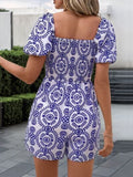 Perfee Printed Smocked Square Neck Puff Sleeve Romper - Trendsi