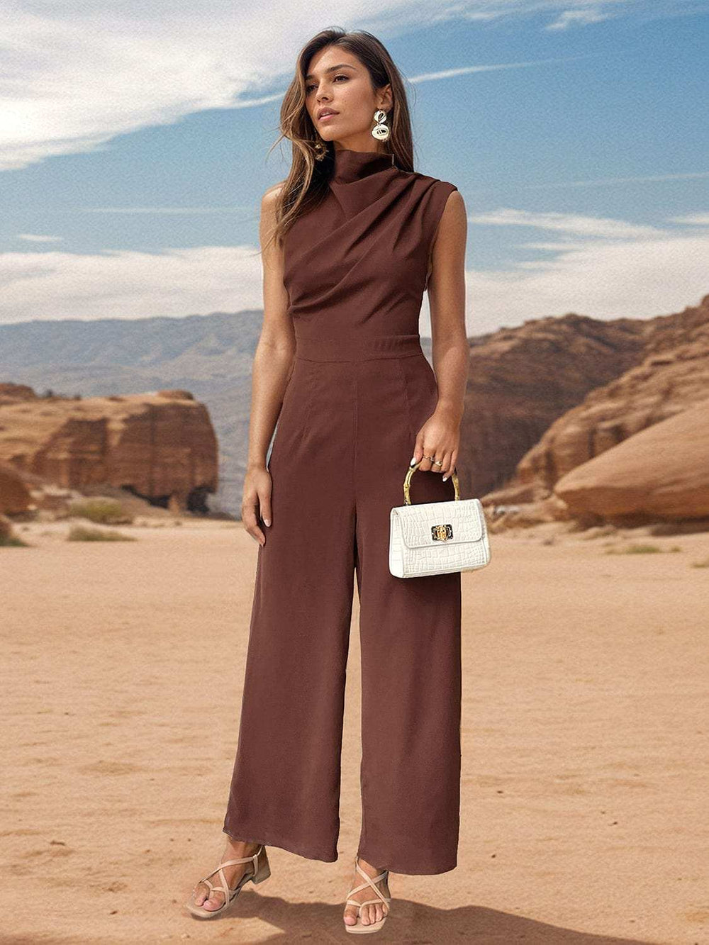Ruched Mock Neck Sleeveless Jumpsuit - Trendsi - Flyclothing LLC