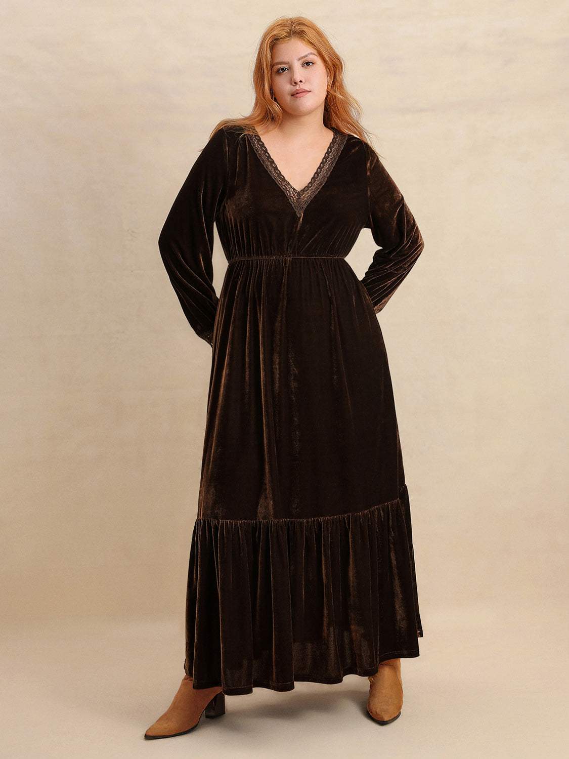 Plus Size Lace Detail V-Neck Long Sleeve Midi Dress - Trendsi - Flyclothing LLC