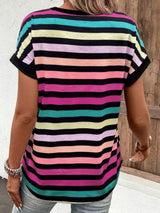 Striped V-Neck Short Sleeve T-Shirt - Trendsi - Flyclothing LLC