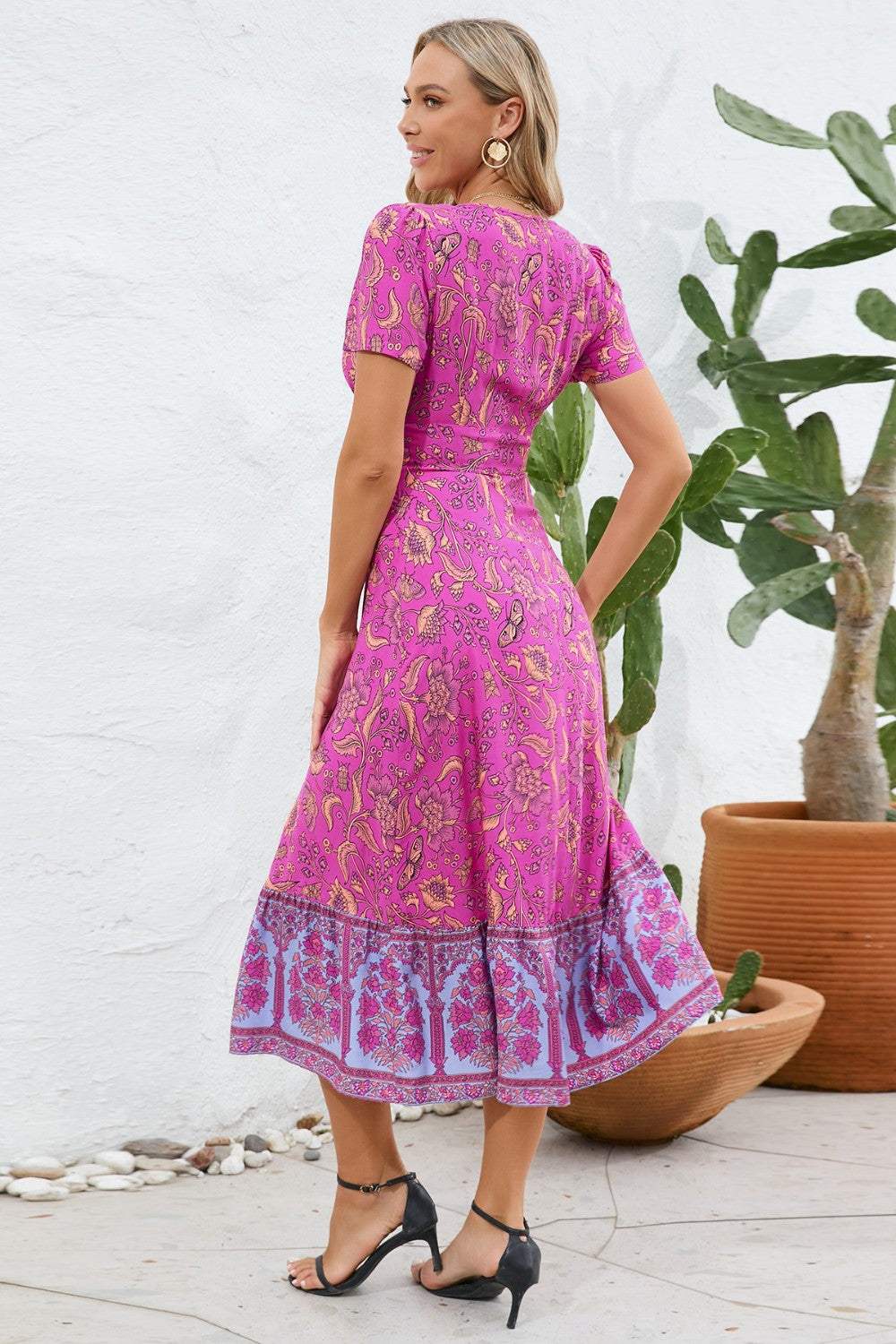 Printed Surplice Short Sleeve Dress - Trendsi - Flyclothing LLC