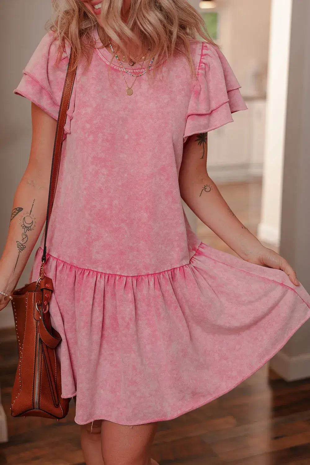 Mineral Wash Raw Edge Ruffle Mini Dress - Trendsi - Flyclothing LLC