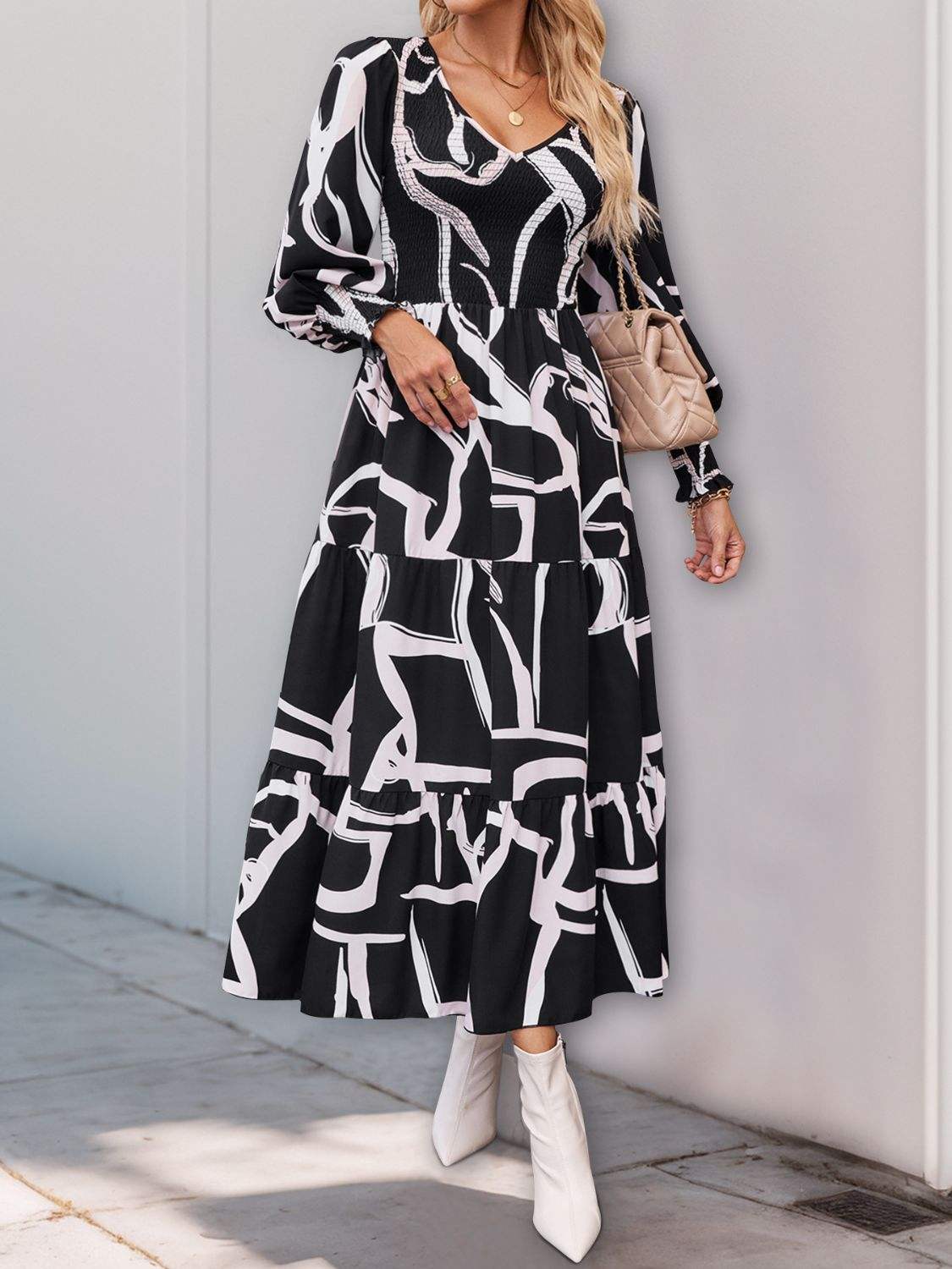 Perfee Smocked Printed Long Sleeve Midi Dress - Trendsi - Flyclothing LLC