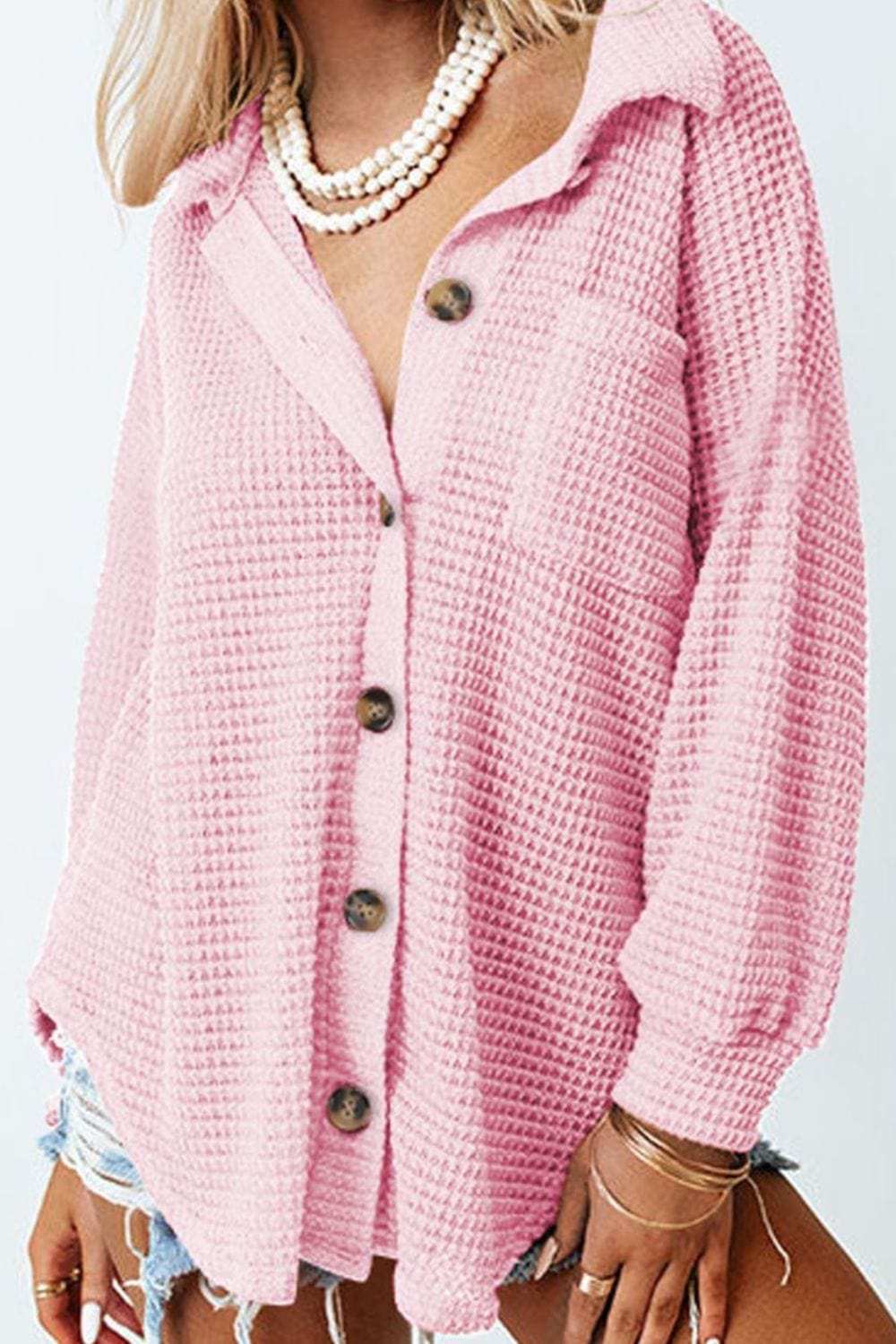Waffle-Knit Collared Neck Long Sleeve Shirt - Trendsi - Flyclothing LLC
