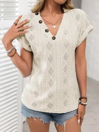 Openwork V-Neck Short Sleeve T-Shirt - Trendsi