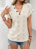 Openwork V-Neck Short Sleeve T-Shirt - Trendsi