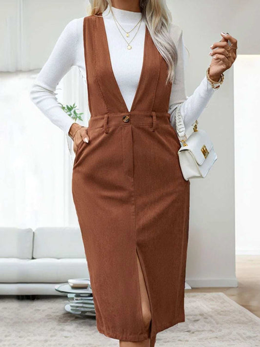 Perfee Slit Overall Dress with Pockets - Trendsi - Flyclothing LLC