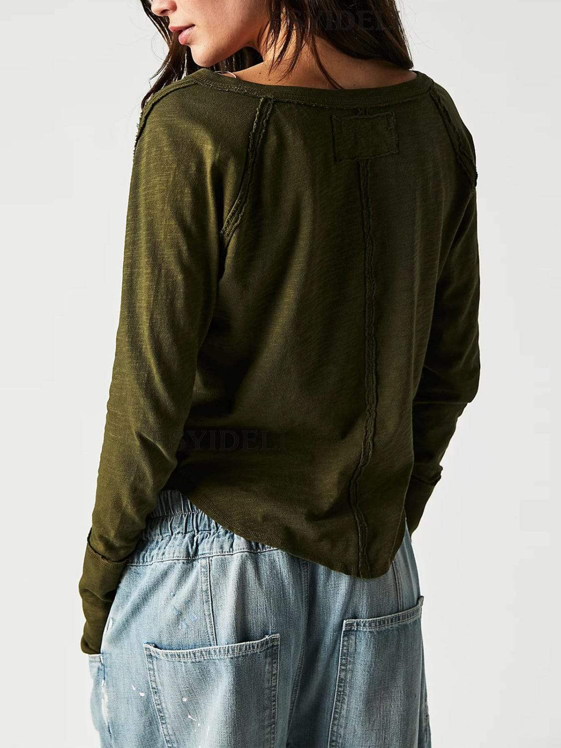 Exposed Seam Notched Long Sleeve T-Shirt - Trendsi - Flyclothing LLC