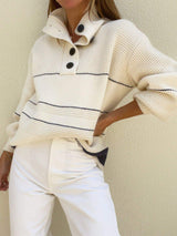 Waffle-Knit Half Button Long Sleeve Sweater - Trendsi - Flyclothing LLC