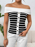 Decorative Button Striped Off-Shoulder Knit Top - Trendsi - Flyclothing LLC
