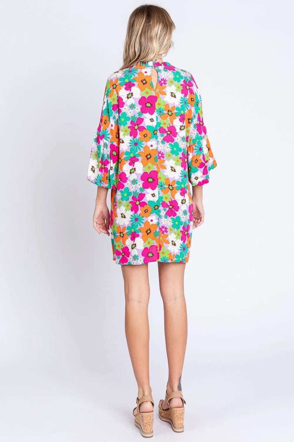 GeeGee Full Size Floral Round Neck Lantern Sleeve Mini Dress - Trendsi - Flyclothing LLC