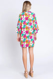 GeeGee Full Size Floral Round Neck Lantern Sleeve Mini Dress - Trendsi