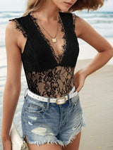 Lace Backless V-Neck Sleeveless Bodysuit - Trendsi - Flyclothing LLC
