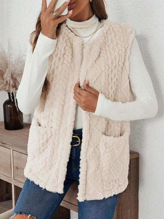 Fuzzy Open Front Vest with Pockets - Trendsi - Flyclothing LLC