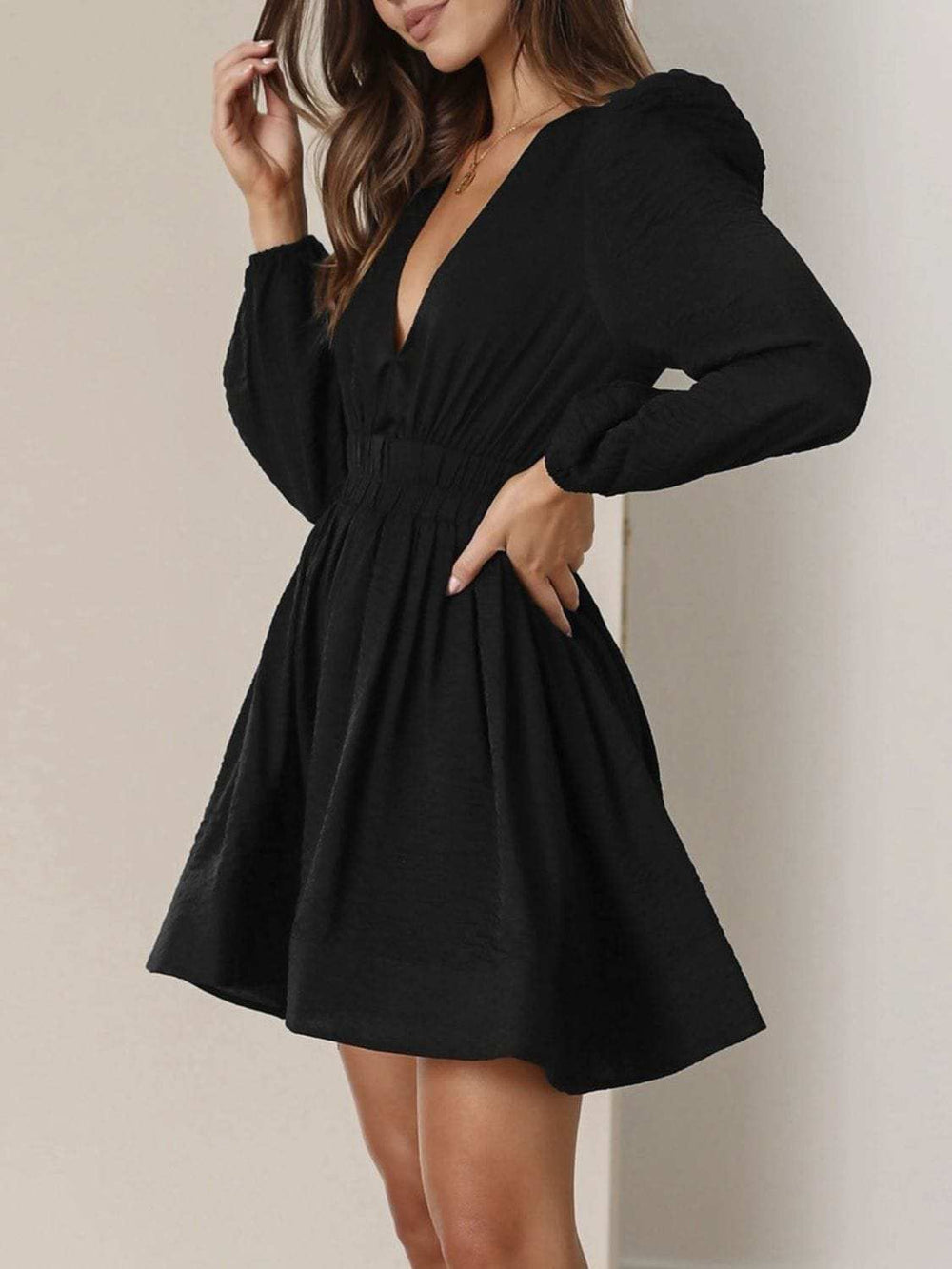 Ruched V-Neck Balloon Sleeve Mini Dress - Trendsi - Flyclothing LLC